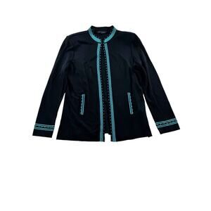 Ming Wang Knit Cardigan S Black Blue Embellished Single Clasp Shoulder Pads